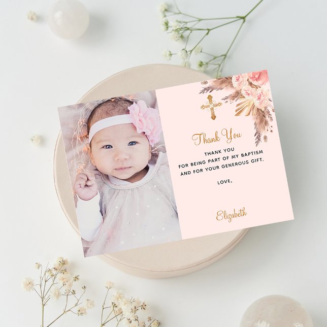 Baptism baby girl blush pink photo thank you card (Creator Uploaded)