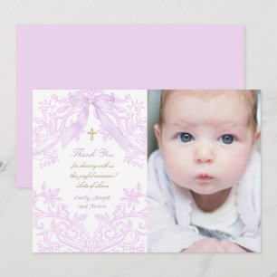Baptism baby girl lilac design thank you card
