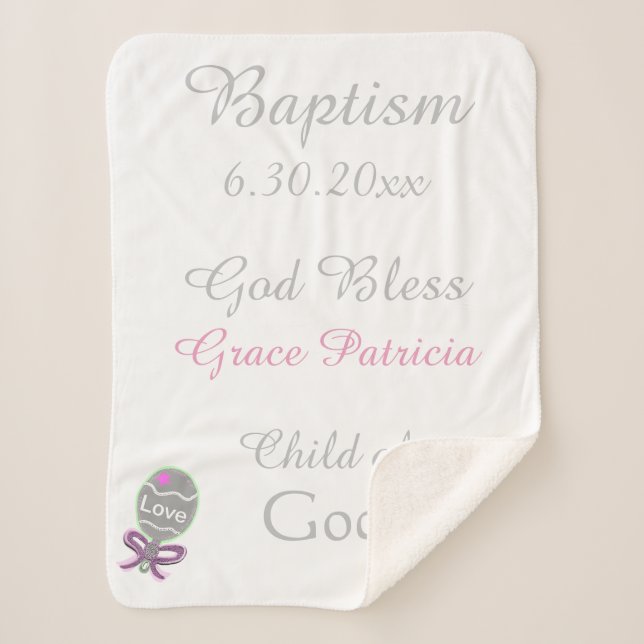 Baptism Baby Girl Pink Star Rattle Medium Sherpa Blanket (Front)