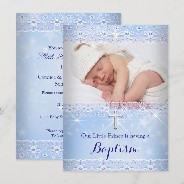 Baptism Baby Photo of Boy Blue Lace Invitation (Front/Back)