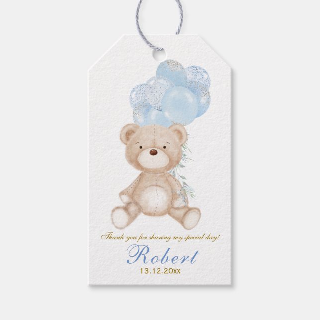 Baptism Bears Boy Thank You Tags (Front)