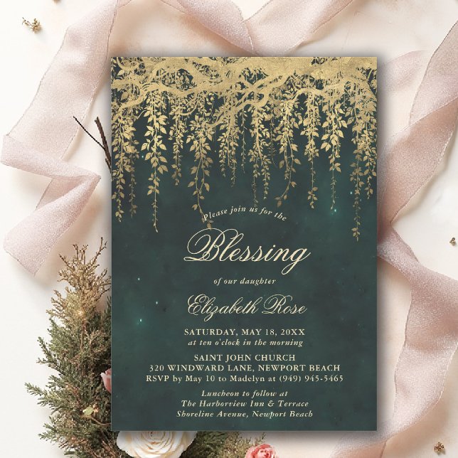 Baptism Blessing Enchanted Garden Fairytale Vines Invitation (baptism invitation christening enchanted forest garden botanical greenery emerald gold vines)