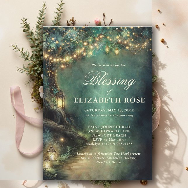 Baptism Blessing Enchanted Garden Forest Landerns Invitation (baptism invitation christening enchanted forest lanterns garden botanical greenery emerald gold)