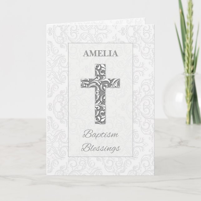 Baptism Blessings Grey and Silver Look Cross Card (Front)