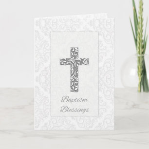 Baptism Blessings Grey and Silver Look Cross Card