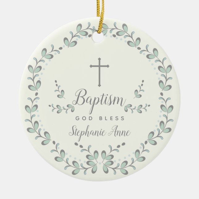 Baptism Blue and Green Leaf Wreath Ceramic Ornament (Front)