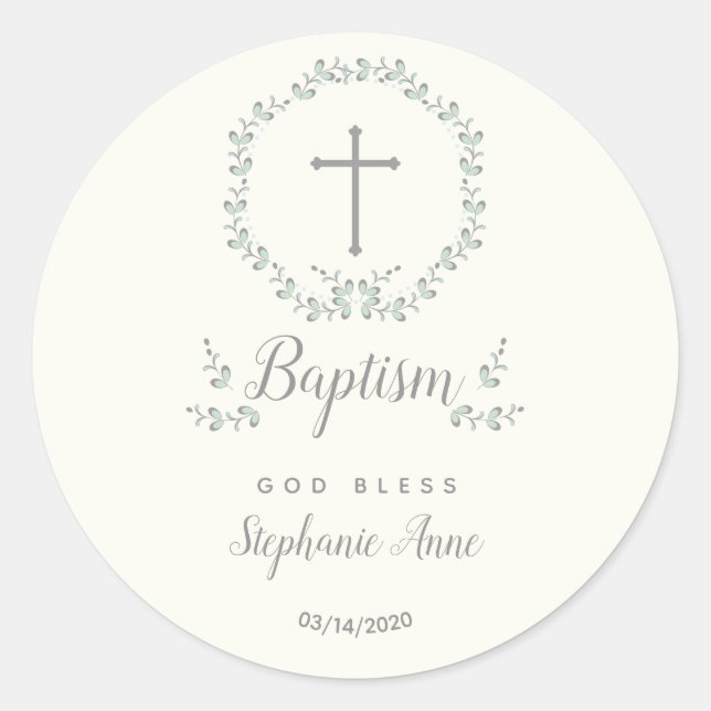 Baptism Blue and Green Leaf Wreath Classic Round Sticker (Front)