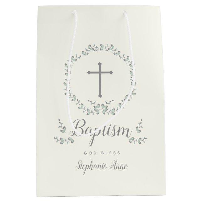 Baptism Blue and Green Leaf Wreath Medium Gift Bag (Front)