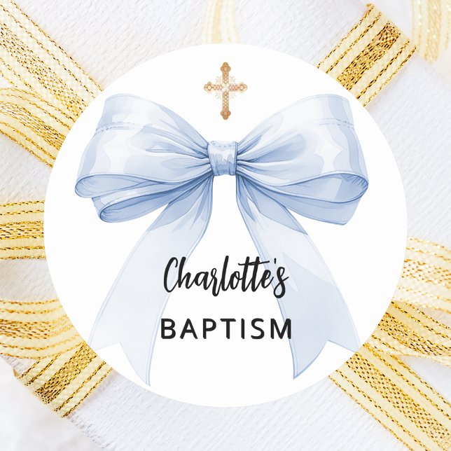 Baptism blue bow boy cross classic round sticker (Creator Uploaded)