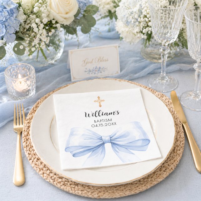 Baptism blue bow boy gold cross napkin (Creator Uploaded)