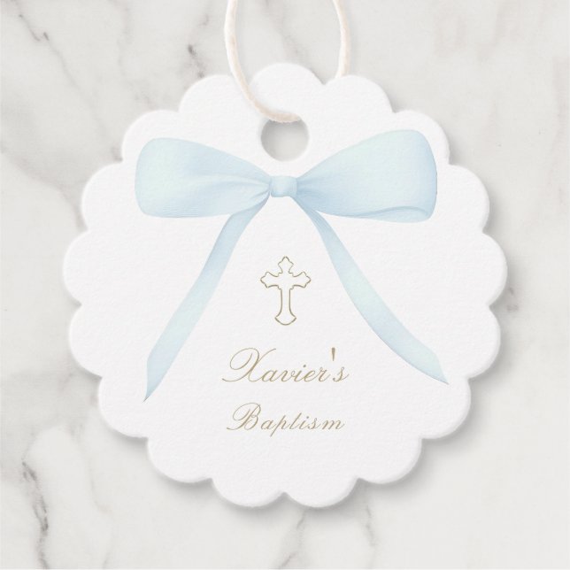 Baptism blue bow favour tags (Front)
