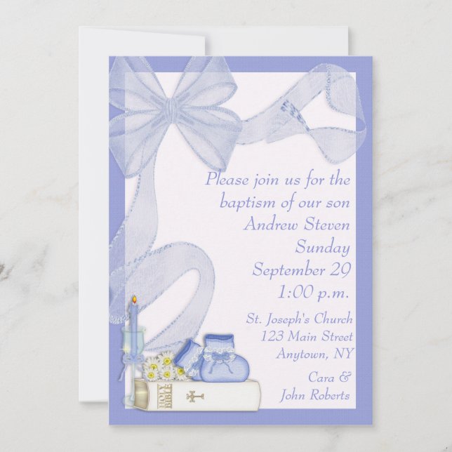 Baptism Blue Bow Invitation (Front)