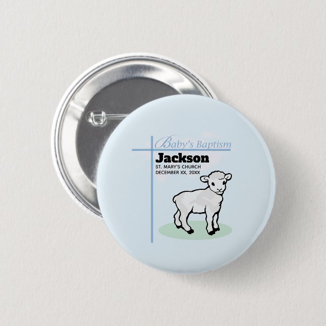 Baptism Blue Boy Lamb, Customizable 2 Inch Round Button (Front & Back)