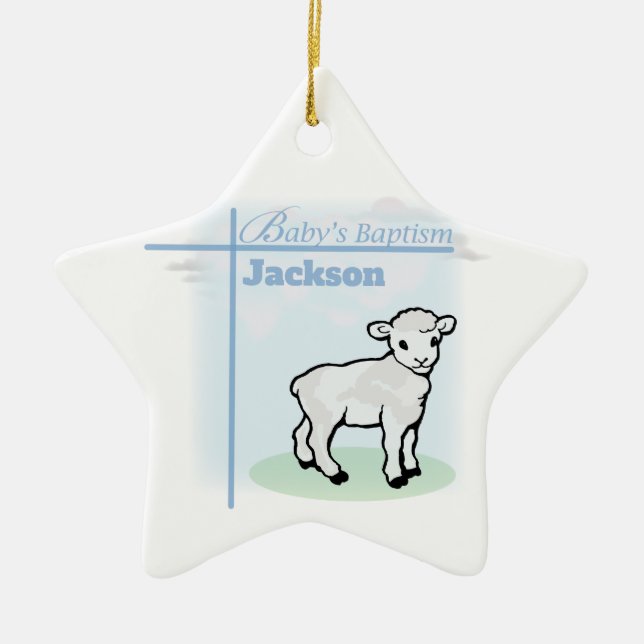 Baptism Blue Boy Lamb, Customizable Ceramic Ornament (Front)