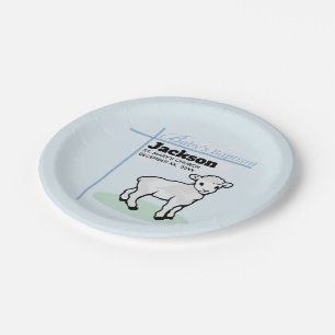 Baptism Blue Boy Lamb, Customizable Paper Plate