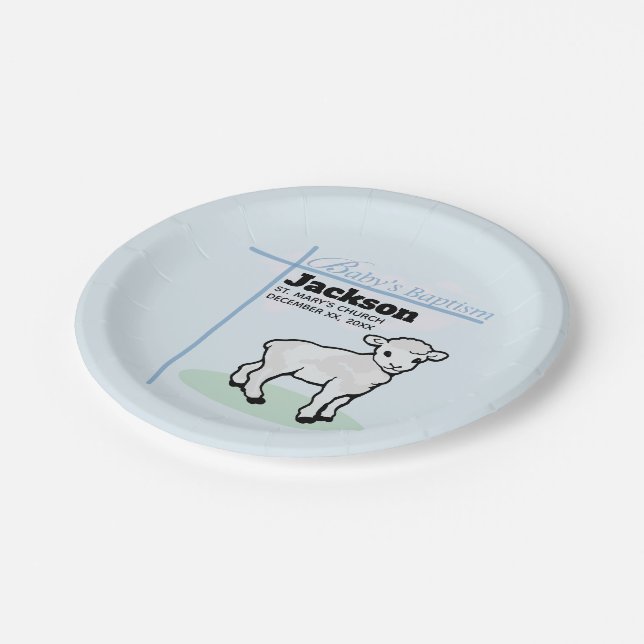 Baptism Blue Boy Lamb, Customizable Paper Plate (Angled)
