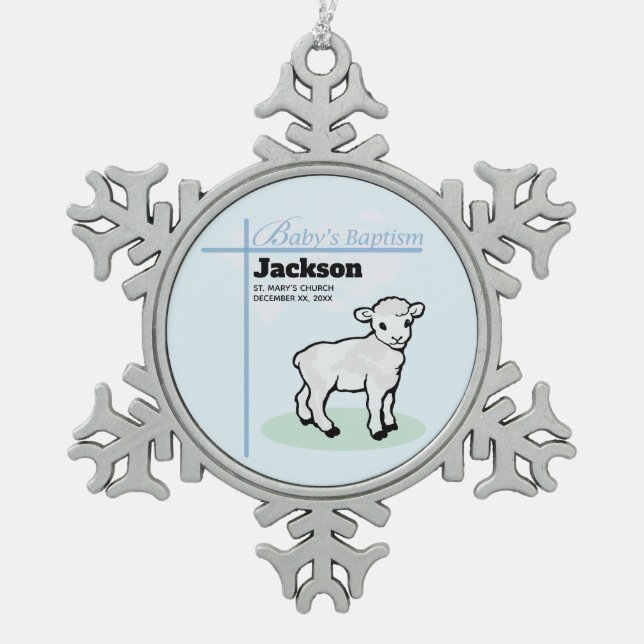 Baptism Blue Boy Lamb, Customizable Snowflake Pewter Christmas Ornament (Front)