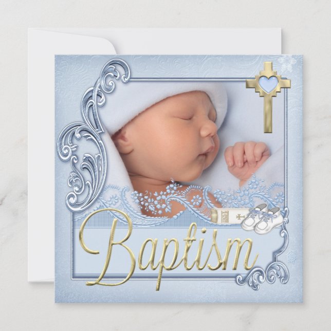 Baptism Blue Cross Boy Christening Photo Invitation (Front)