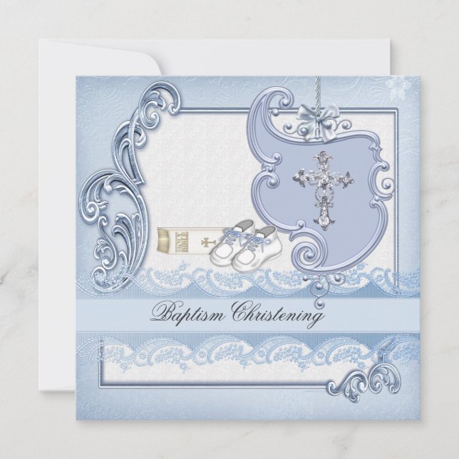 Baptism Blue Cross Boy damask christening Invitation (Front)