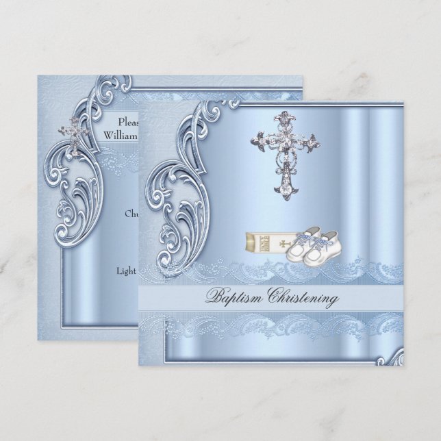 Baptism Blue Cross Boy damask christening Invitation (Front/Back)