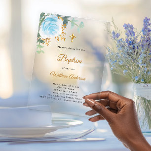 Baptism blue floral boy gold cross clear luxury acrylic invitations