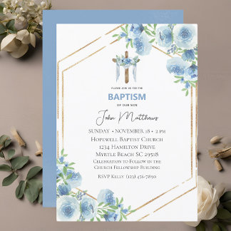  Baptism Blue Floral Draped Cross Boys Invitation