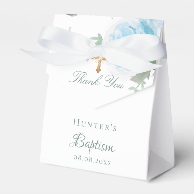 Baptism blue floral eucalyptus boy thank you favor box (Front Side)