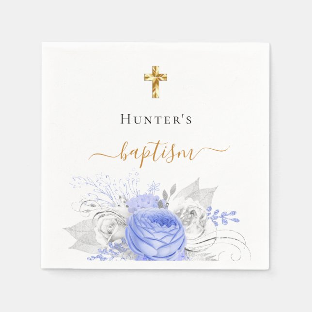 Baptism blue floral white elegant name script boy napkin (Front)