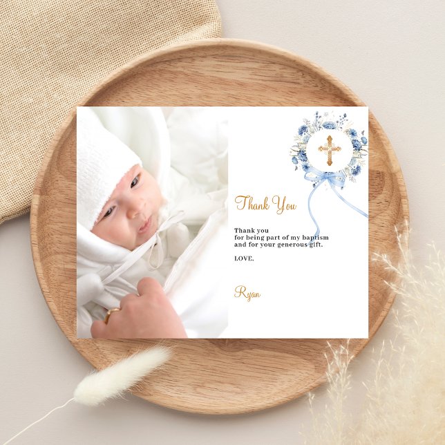 Baptism blue floral wreath photo thank you card (Creator Uploaded)