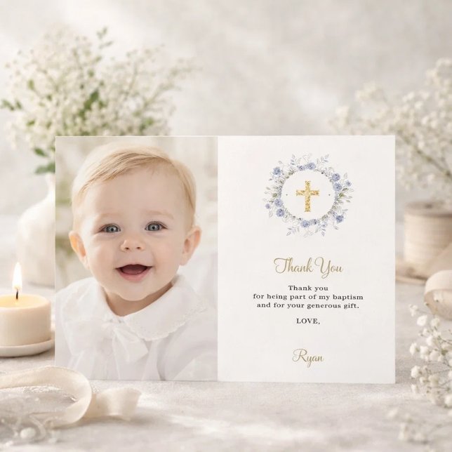 Baptism blue florals photo boy thank you card (Creator Uploaded)