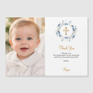 Baptism blue florals photo magnetic Thank You Card