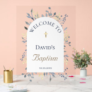 Baptism blue foliage clear welcome sign
