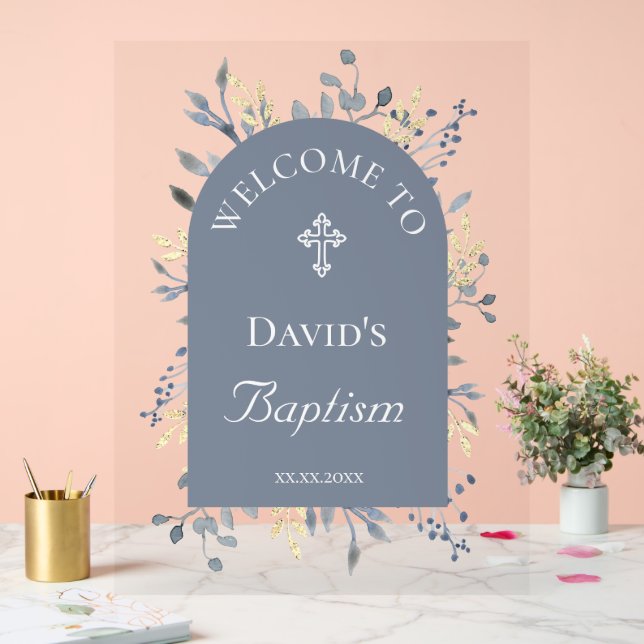 Baptism blue foliage clear welcome sign (Mariage)