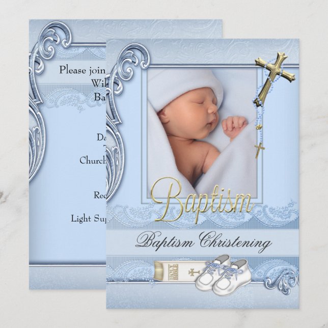 Baptism Blue Gold Cross Boy Christening 2 Invitation (Front/Back)
