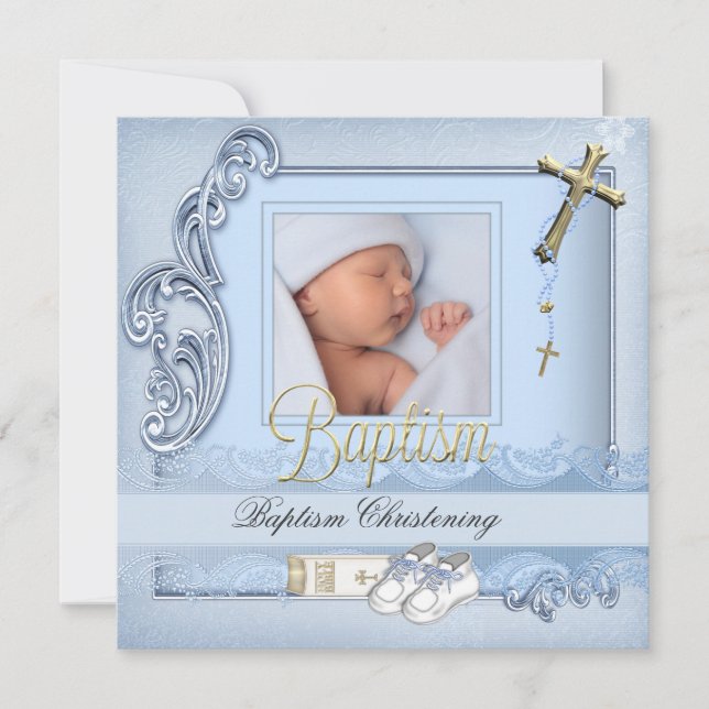 Baptism Blue Gold Cross Boy Christening Invitation (Front)