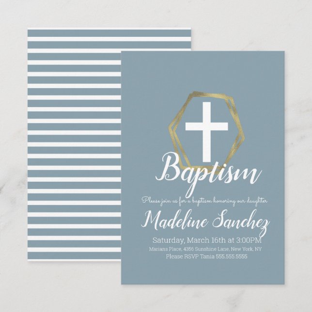 Baptism Blue Gold Dedication Christening Invitation (Front/Back)