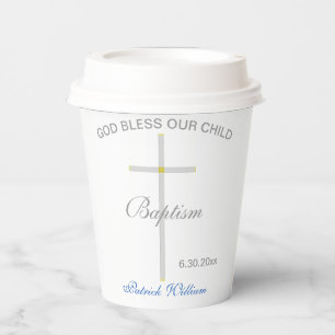 Baptism Blue Name Silver Gold Cross Paper Cups