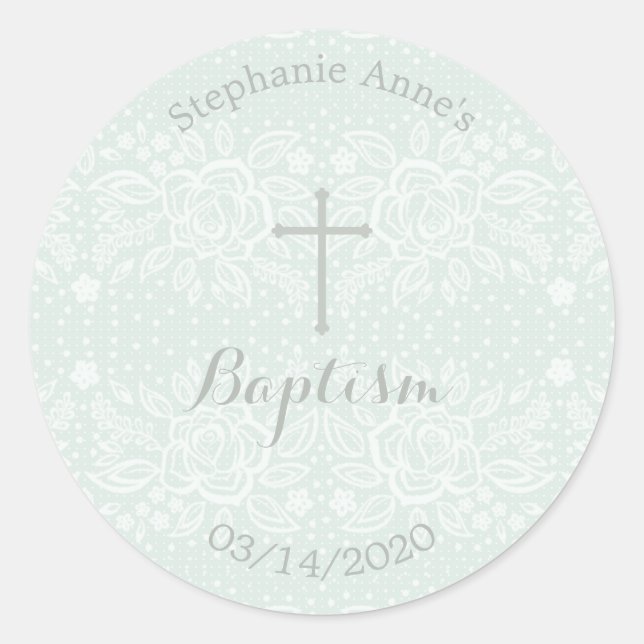 Baptism Blue Opal Delicate Floral Lace Classic Round Sticker (Front)