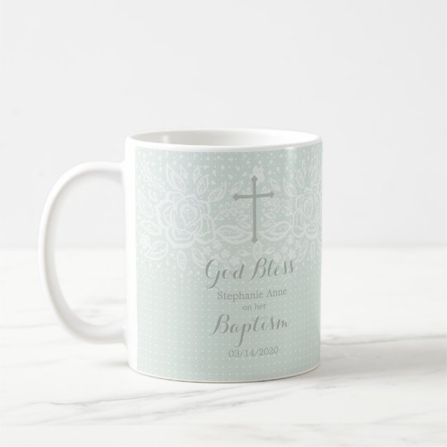Baptism Blue Opal Delicate Floral Lace Coffee Mug (Left)