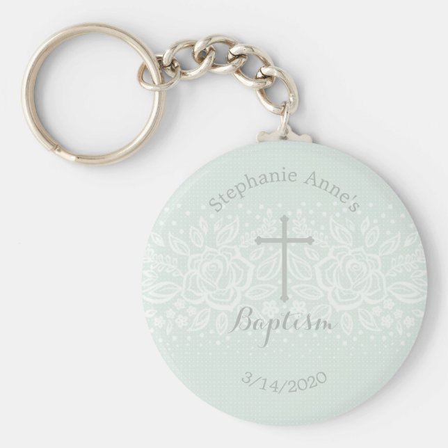 Baptism Blue Opal Delicate Floral Lace Keychain (Front)