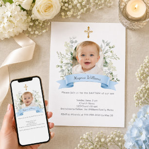 Baptism Blue Photo Arch Boy White Florals Invitation