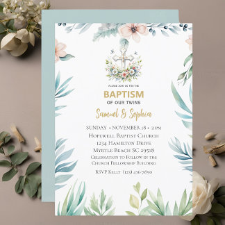  Baptism Blue Pink  Floral Cross Twins Invitation