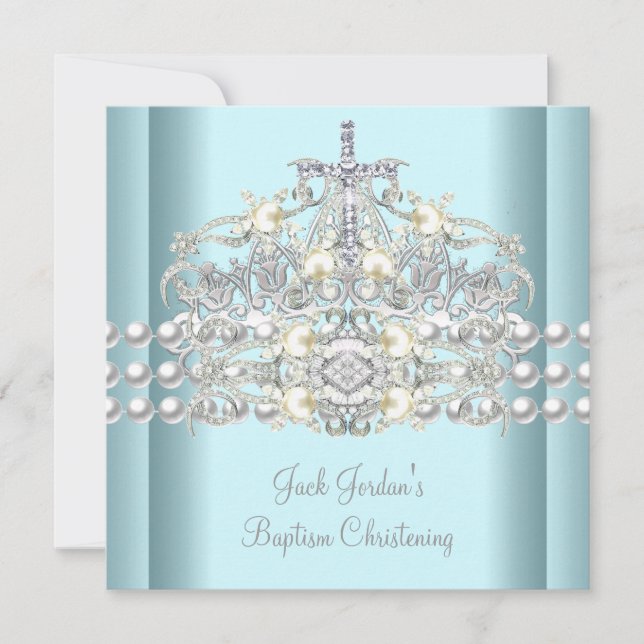 Baptism Blue Tiara Silver White Pearl Diamond Invitation (Front)