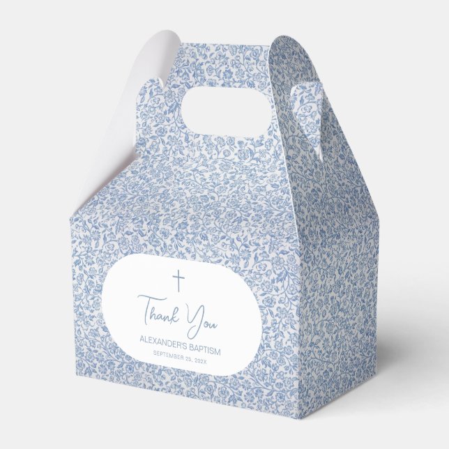 Baptism Blue White Pattern Script Boy Christening  Favor Box (Front Side)
