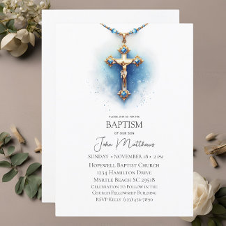  Baptism Blue White Religious Cross Boys Invitation