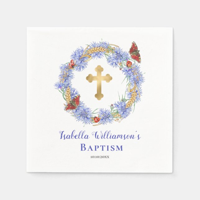 Baptism Blue Wildflower & Butterfly  Napkins (Front)