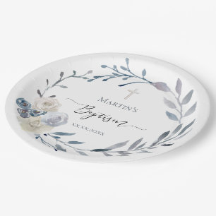 Baptism blue wreath Paper Plate