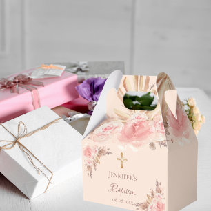 Baptism blush floral pampas grass cross favor box