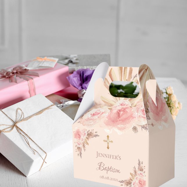 Baptism blush floral pampas grass cross favor box (Creator Uploaded)