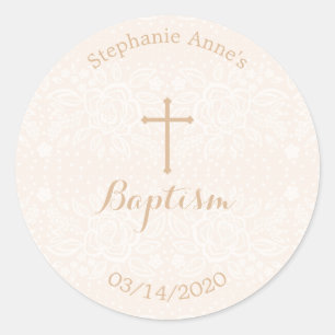 Baptism Blush Pink Delicate Floral Lace Classic Round Sticker
